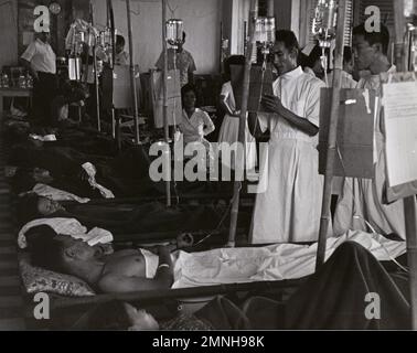 NAMRU [Naval Medical Research Unit] le personnel médical vietnamien vérifie les patients dans une clinique de Saigon où ils se rétablissent du choléra ca. 1964 Banque D'Images