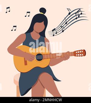 Black Skin Girl joue Guitar Vector Illustration dans le style plat Illustration de Vecteur