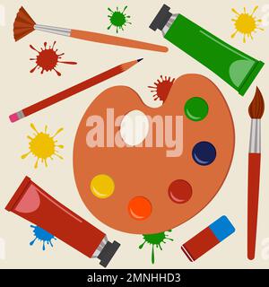 Ensemble de fournitures de peinture ou de dessin. Formes, Palette, tube de peinture Illustration vectorielle style plat Illustration de Vecteur