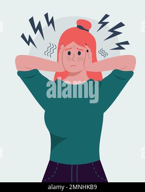 Une fille stressée couvre ses oreilles. Concept de l'illustration du vecteur de santé mentale à plat Illustration de Vecteur
