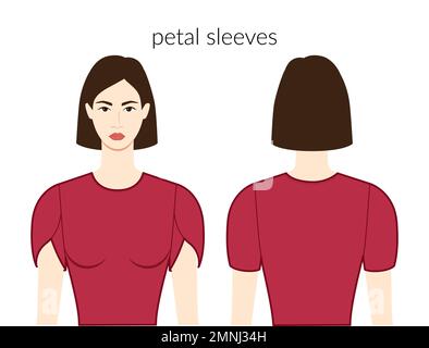 Manches pétale vêtements courts, lappés, tulipe - dame en robes, hauts, chemises illustration technique de la mode avec corps ajusté. Modèle de vêtements plats à l'avant et à l'arrière. Femmes, hommes unisex CAD maquette Illustration de Vecteur