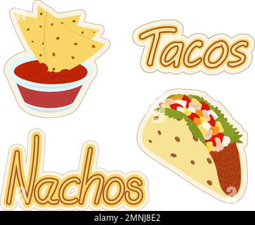 Ensemble d'autocollants de nachos et de tacos mexicains avec lettres. Cuisine latino-américaine. Restauration rapide. Icône. Isoler. Cuisine mexicaine traditionnelle. Idéal pour la bannière, l'affiche, le menu, le Web, l'étiquette ou le papier peint. EPS Illustration de Vecteur