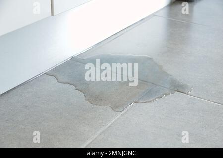 Photo en gros plan de plancher inondé dans la cuisine de fuite d eau Banque D'Images