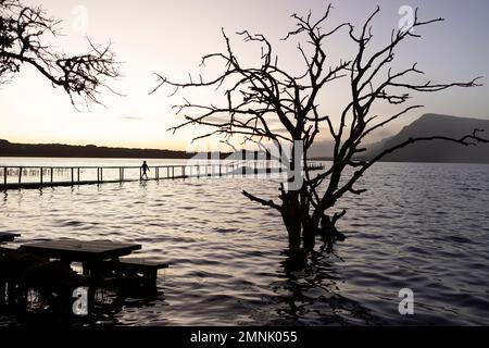 Afrique du Sud, Stanford, Boy (10-11) marchant sur la jetée au lagon Banque D'Images