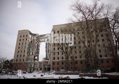Mykolaiv, Ukraine. 30th janvier 2023. Le bâtiment de l'Administration militaire régionale de Mykolaiv détruit par une attaque de missiles lors de l'invasion russe de la ville de Nikolaev, 30 janvier 2023, à Mykolaiv, en Ukraine. Credit: Présidence de l'Ukraine/Bureau de presse présidentiel ukrainien/Alamy Live News Banque D'Images