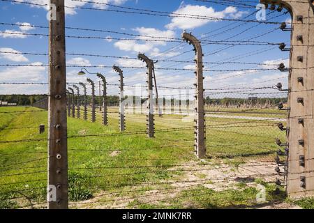 Clôture électrique à barbelés entourant l'ancien camp de concentration nazi d'Auschwitz II-Birkenau, Auschwitz-Birkenau, Pologne. Banque D'Images