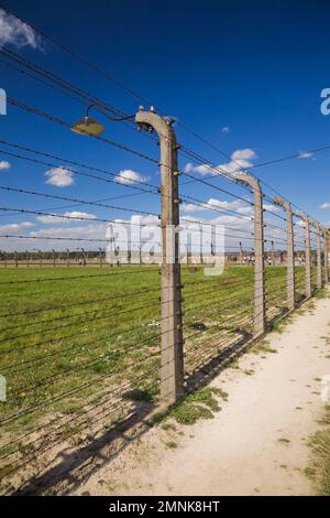 Clôture électrique à barbelés entourant l'ancien camp de concentration nazi d'Auschwitz II-Birkenau, Auschwitz-Birkenau, Pologne. Banque D'Images