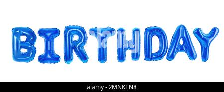Mot HAPPY fait de ballons bleus sur fond blanc Banque D'Images