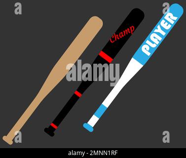 Batte de baseball, ensemble de battes de baseball de différentes couleurs, noir, blanc et bleu, bois et métal, illustration de batte de baseball Banque D'Images