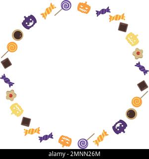 Cadre circulaire orné de bonbons pour Halloween. Conception simple à base d'orange et de violet. Illustration de Vecteur