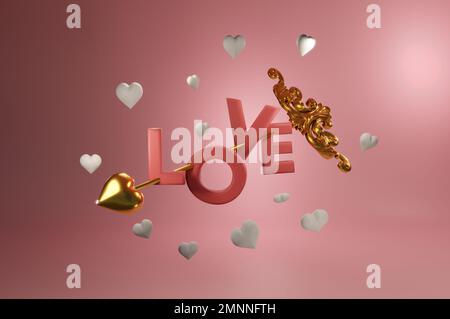 3D Illustration , mot de script d'amour en flèche . CARTE de Saint-Valentin CONCEPT, fête, design, prospectus, affiche, décoration, bannière, web, publicité. Banque D'Images