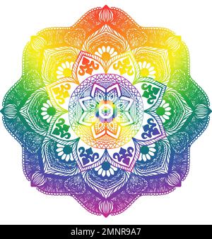 Motif mandala dessiné à la main avec couleurs de fierté arc-en-ciel sur fond blanc. Idéal pour les festivals, les papiers peints et les PC de bureau. Banque D'Images