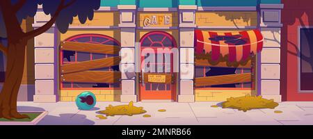 Café abandonné après faillite, fermeture ou échec. Rue de la ville avec ancien café ou extérieur de restaurant avec fenêtres intégrées, verre brisé et panneau, illustration vectorielle dans un style contemporain Illustration de Vecteur