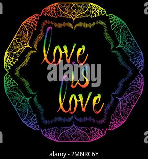 L'AMOUR EST L'AMOUR Mandala dessiné à la main avec des couleurs arc-en-ciel pour la fierté gay avec fond noir et thème lumineux. Banque D'Images