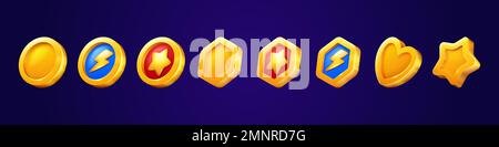 Jeu de dessins animés de pièces de jeu et de médailles isolées sur fond. Illustration vectorielle d'éléments bonus dorés brillants de forme ronde, en forme de coeur, d'étoile, hexagonale. Récompense du concours. Collection d'éléments de conception GUI Illustration de Vecteur