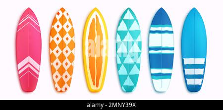 Jeu de planches de surf vectorielles. Éléments de surf d'été dans un motif coloré isolé sur fond blanc. Illustration vectorielle planche de surf d'été. Illustration de Vecteur