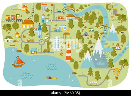 Carte de la ville pour la chambre des enfants. Paysage avec détails de lot. Illustration vectorielle Illustration de Vecteur