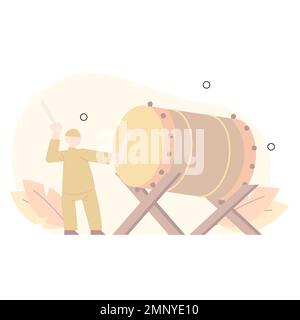 Un musulman qui bat un tambour dans le mois du Ramadan. avec un design plat. Illustration de Vecteur