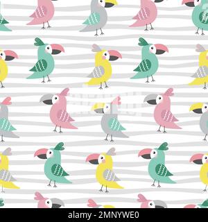 Motif oiseaux tropicaux amusants sans couture. Perroquets vectoriels colorés dans un style de dessin animé simple et plat. Imprimé pour le textile, les vêtements, le papier peint, p Illustration de Vecteur
