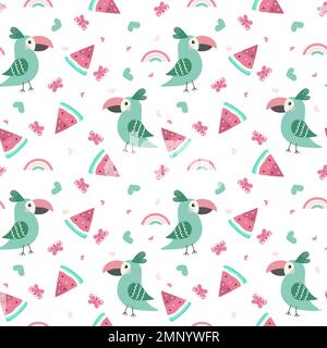 Perroquet aux papillons, coeurs et arc-en-ciel. Motif amusant sans couture. Conception puérile pour le tissu, l'emballage, le textile, le papier peint et les vêtements. Illustration de Vecteur