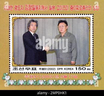 Timbre-poste nord-coréen commémorant le sommet de 2002 entre Kim Jong-il et le premier ministre japonais Junichiro Koizumi. Banque D'Images