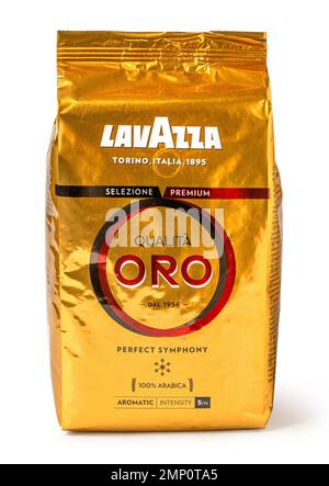 Anapa, Russie 03 janvier 2023: Lavazza Qualita Oro café, 100% Arabica. Tradition, expertise, passion, ce sont les vertus qui font le Lavazza Q Banque D'Images