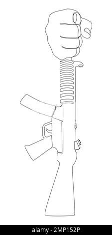 Une ligne de main continue tenant un mitrailleur par le canon. Concept de vecteur d'illustration à trait fin. Dessin de contour idées créatives. Illustration de Vecteur