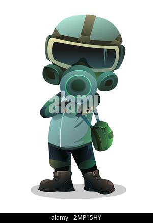 Homme dans le masque à gaz debout et regardant. Caractère dans la protection chimique contre la poussière radioactive. Caricature post-apocalypse. Rayonnement et Illustration de Vecteur