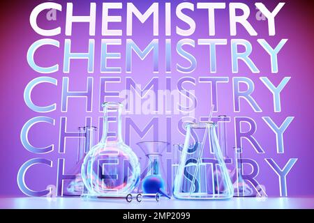3d illustration d'un jeu d'instruments de laboratoire. Recherche en laboratoire chimique sur fond violet Banque D'Images