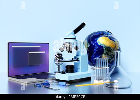 3D illustration d'un ordinateur portable avec un onglet de navigateur ouvert sur l'écran, un microscope de laboratoire et un jeu d'instruments de laboratoire Banque D'Images