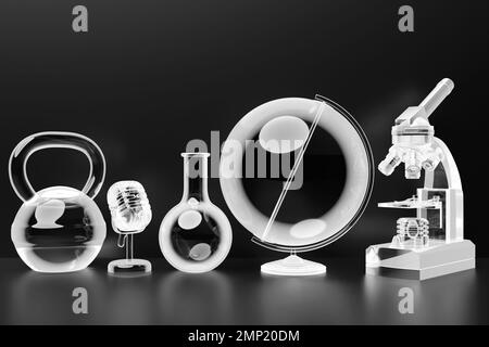 3d illustration d'un jeu d'instruments de laboratoire et d'un microscope. Recherche en laboratoire chimique sur fond noir Banque D'Images