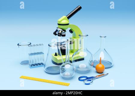 3d illustration d'un jeu d'instruments de laboratoire et d'un microscope. Recherche en laboratoire chimique sur fond bleu Banque D'Images