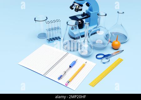 3d illustration d'un jeu d'instruments de laboratoire et d'un microscope. Recherche en laboratoire chimique sur fond bleu Banque D'Images