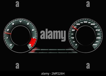 3D l'illustration du tableau de bord de la voiture est éclairée par un éclairage lumineux. Indicateur de vitesse circulaire, compte-tours Banque D'Images