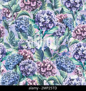 Les fleurs d'Hydrangea sont bleues, lilas et roses, bouquets avec un ruban de satin et une étiquette en papier pour l'inscription. Illustration aquarelle. Sans couture Banque D'Images