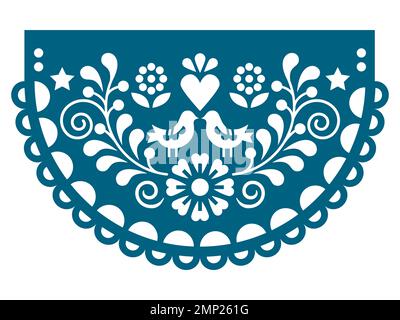 Papel Picado vector design rond avec des oiseaux, coeur et fleurs, Mexico fiesta découpe décoration en turquoise sur blanc Illustration de Vecteur