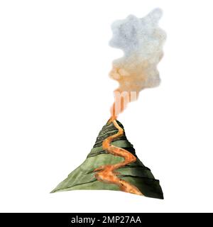 Volcan aquarelle avec lave et fumée, montagne Illustration isolée sur fond blanc dans les couleurs vert, orange, bleu et marron Banque D'Images