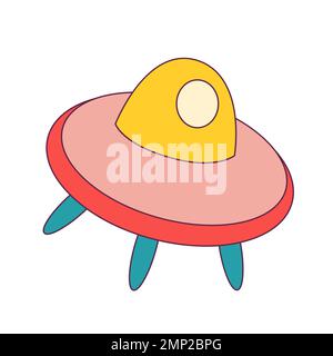 1970 icône OVNI rétro. Étiquette d'époque de vaisseau spatial extraterrestre. Objet volant inconnu trippy futuriste. Dessin animé hippie amusant. Illustration vectorielle. Illustration de Vecteur