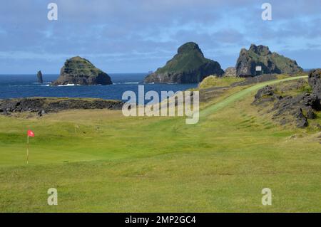 Islande, île de Heimaey : le dernier vert du terrain de golf, avec des îlots rocheux en arrière-plan. Banque D'Images