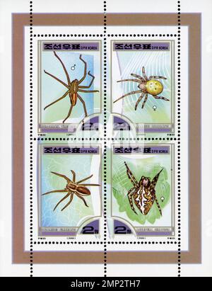 Feuille de 4 timbres-poste nord-coréens datant de 2000 représentant diverses espèces d'araignées dont Micrommata virescens et Araneus quadratus. Banque D'Images