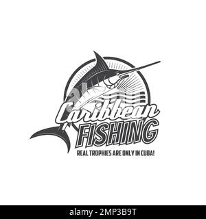 Icône de la pêche dans les Caraïbes. Marlin, billfish ou espadon, vagues d'eau de mer et coucher de soleil sur la compétition de pêche ou club de plongée emblème rétro, symbole ou icône de vecteur monochrome Illustration de Vecteur
