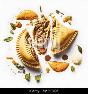 Apportez une touche de sophistication à vos projets liés à l'alimentation avec notre photographie gastronomique Empanadas sur fond blanc. Mettez en valeur les saveurs riches et Banque D'Images