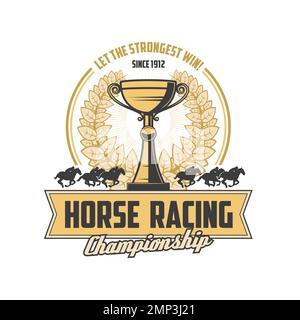 Icône rétro de course de chevaux, silhouettes vectorielles de chevaux et jockeys avec trophée de compétition de sport équestre. Coupe gagnante du tournoi de course de chevaux de course avec couronne de Laurier héraldique et chevaux de course Illustration de Vecteur