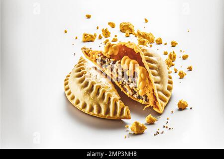 Apportez une touche de sophistication à vos projets liés à l'alimentation avec notre photographie gastronomique Empanadas sur fond blanc. Mettez en valeur les saveurs riches et Banque D'Images