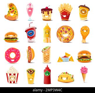 Personnages de fast food. Pizza et crème glacée Vector, frites et tasse de café, hamburger, cola, moutarde, pilon de poulet ou beignet. Hot dog and roll, nachos et shawarma, tacos et ketchup Illustration de Vecteur