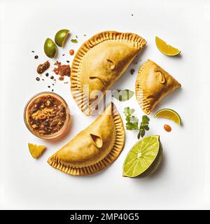 Apportez une touche de sophistication à vos projets liés à l'alimentation avec notre photographie gastronomique Empanadas sur fond blanc. Mettez en valeur les saveurs riches et Banque D'Images