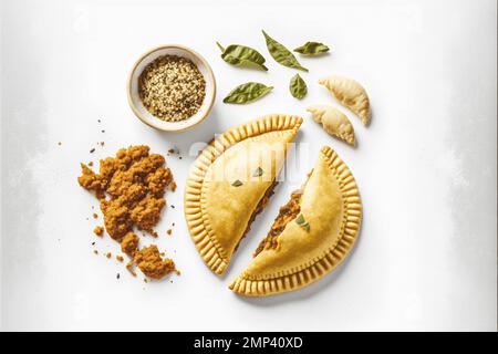 Apportez une touche de sophistication à vos projets liés à l'alimentation avec notre photographie gastronomique Empanadas sur fond blanc. Mettez en valeur les saveurs riches et Banque D'Images