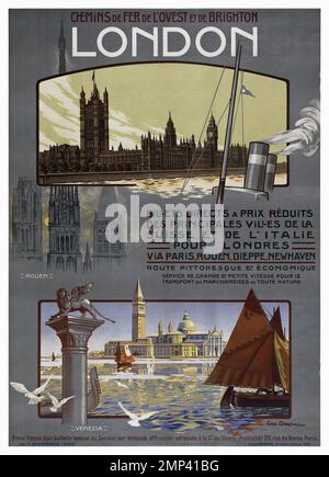 Chemins de fer de l'ouest et de Brighton. Londres. Billets dirige à prix réduits par Geo Dorival (1879-1968). Affiche publiée en 1908 en France. Banque D'Images