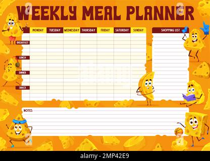 Planificateur hebdomadaire de repas, personnages de dessin animé de maasdam et de fromage gouda. Calendrier vectoriel, modèle de journal pour le régime personnel avec des activités humoristiques amusantes. Plan d'agencement vide de l'organisateur du plan alimentaire hebdomadaire Illustration de Vecteur