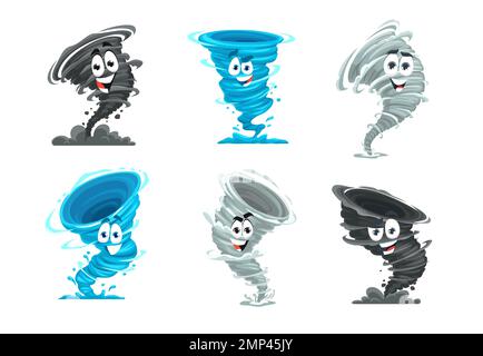 Mascotte de tornade dessin animé. Tempête, personnages cycloniques, vecteur tornado tordeuse gai. Eau bleue, nuage de vent noir et poussière grise tourbillon, ouragan et orages prévisions météorologiques personnages Illustration de Vecteur